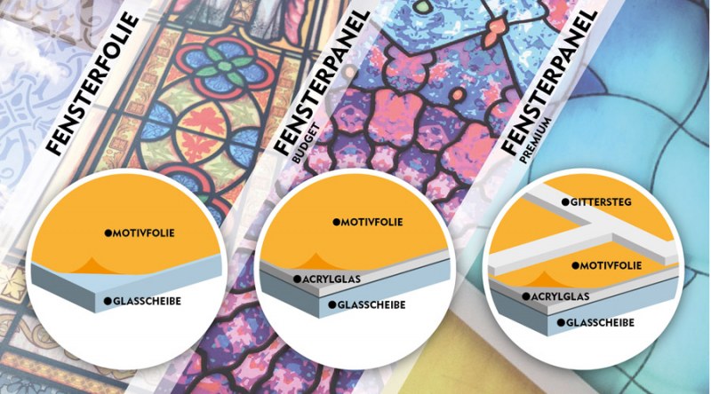 Buntglasfenster Glasmalerei auf Acrylglas und Folie