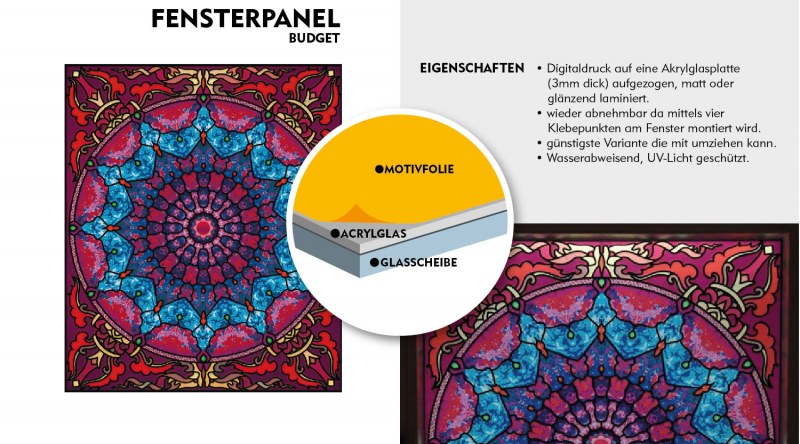Buntglasfenster Glasmalerei Illustration auf Acrylglas und Folie