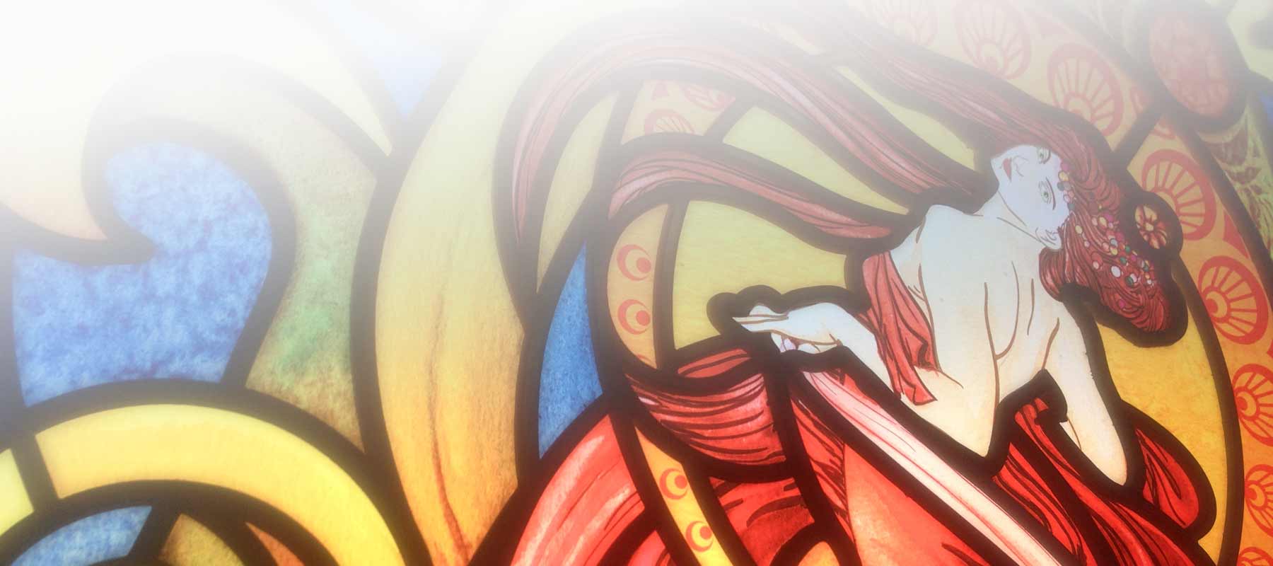 Buntglasdekor selbstklebende Folie mit Motiv Mucha sieht dem Bleiglas täuschend ähnlich