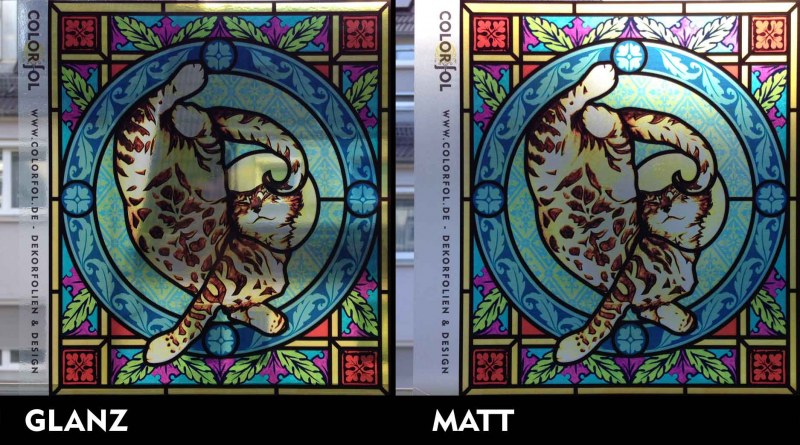 Das Schutzlaminat für ihr Buntglasdekor gibt es in matt und in glänzend.